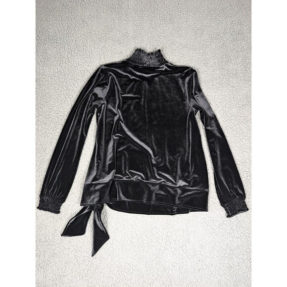J JILL Crushed Velvet Elastic Collar And Cuffs Shirt XS Chic Black Front Tie - Picture 6 of 11